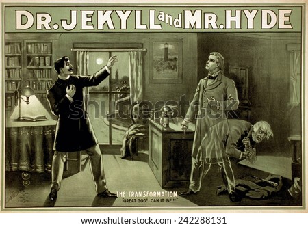 Theatrical poster shows the lawyer Utterson observing the Dr. Jekyll undergoing metamorphosis into Mr. Hyde. The play was based on Robert Lewis Stevenson\'s classic novella of 1886. Ca. 1888.