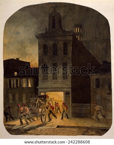 Firemen from the Weccacoe Engine Company pulling a hand-drawn fire engine as other firemen scramble to readiness. Philadelphia, 1857.