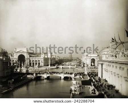 Exposition grounds at the 1893 World\'s Columbian Exposition, Chicago. The white plaster classical facades disguised the buildings\' steel structures and modern engineering.