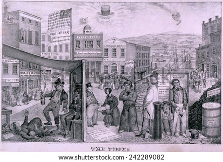The Times depicts the impact of the financial Panic of 1837. Rich detail show a bank run, homeless women and child, unemployed men, closed factory, and sheriff\'s auction.