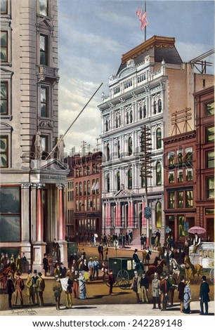 New York Stock Exchange in 1882 with telegraph office next door. Telegraph lines are at the street level, as well as on building tops, providing fast international communication.
