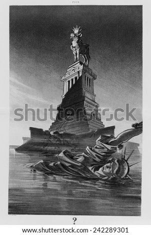 1912 cartoon attacking business greed shows the ruined Statue of Liberty floating in New York Bay. Liberty is replaced on her pedestal by a golden calf, wearing crown and collar with $ sign.