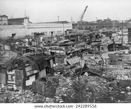 Great Depression Hooverville in lower Manhattan. 1932.