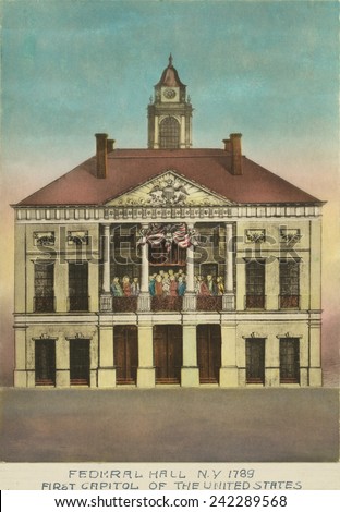 George Washington (1732-1799), took the oath of office on the balcony of Federal Hall, N.Y. 1789. Colored engraving by Amos Doolittle, 1790.