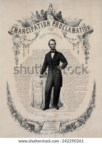 Commemorative print of Abraham Lincoln with the text of the Emancipation Proclamation of January 1, 1863. Print published in 1865.