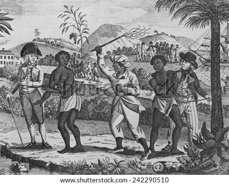 African captives for the Caribbean slave trade. In the foreground a women is whipped. Several groups of newly arrived slaves are leaving the port area in coffles. Late 18th century engraving.