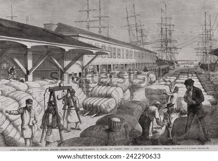 North Commercial wharf of Charleston, S.C. with cotton bales for shipping to foreign and domestic ports via sailing ships. 1878.