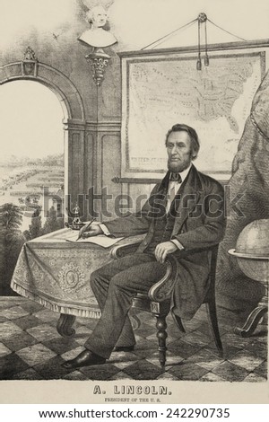 Popular print of President Lincoln made during his first term. He is writing, perhaps a reference to the Emancipation Proclamation, map of the Union, and troops drilling in the distance. Ca. 1862-64.