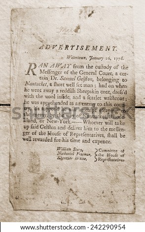 1776 advertisement for the return of a runaway slave. During the American Revolution many enslaved men joined the British forces in exchange for a promise of freedom.