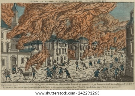 New York City fire of September 21-22, 1776, French engraving shows citizens being beaten by Redcoats, and looting by African slaves.