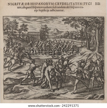 Early slavery in the Americas, Spanish soldiers slaughtering and capturing resisting Native Americans. The 1595 image by Theodor de Bry, contributed to the \'Black Legend,\' of Spanish inhumanity.