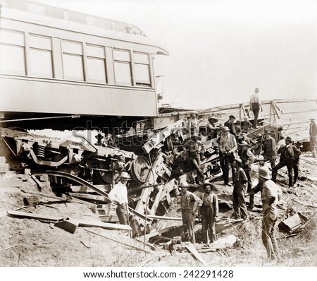 1887 Great Chatsworth train wreck of the Niagara Excursion Train showing the sleeper car 'Tunis' at the culvert 5 that caused crash. August 10, 1887.