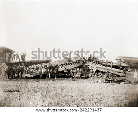1887 Great Chatsworth train wreck destroyed a large passenger train of two steam engines pulling six wooden passenger cars, six sleeper cars, and three luggage cars. August 10, 1887