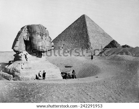 The Great Sphinx with the Pyramid of Pharaoh Cheops in the background. 1877 photo by French photographer Henri Bechard.