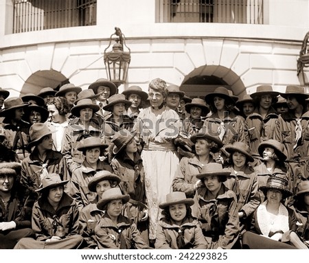 Florence Harding (1860-1924), meets with a group of Girl Scouts at the White House. April 22, 1922.