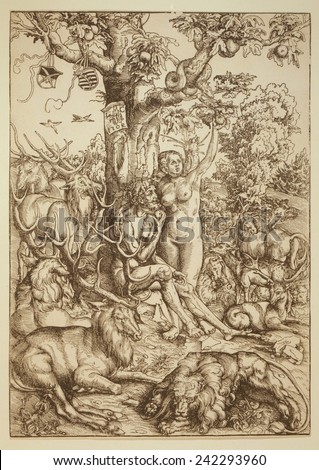 Adam and Eve beneath an apple tree surrounded by animals. Renaissance woodcut by German painter, Luca Cranach, 1509.