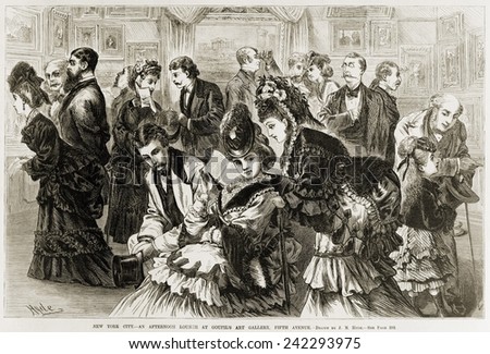 Goupil\'s Art Gallery, Fifth Avenue, New York City crowded with people in 1872. Wood engraving from Frank Leslie\'s illustrated Newspaper.