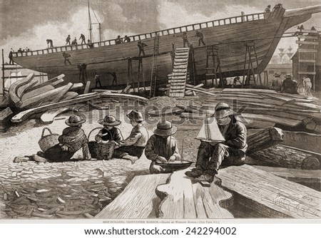 Children building model ships in the foreground at a shipyard, while men build a ship in the background. Wood engraving by Winslow Homer. 1873.