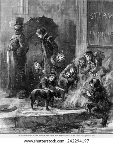 Homeless women and children heating themselves with steam rising from grating in pavement. Wood engraving from Harpers Weekly, Feb. 1876.