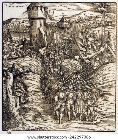 Battle of the early 16th century, troops advancing on a fortress. It possibly depicts a surprise attack on Maastricht (now Netherlands) by Holy Roman Emperor, Maximilian I. Woodcut from 1512-1516.