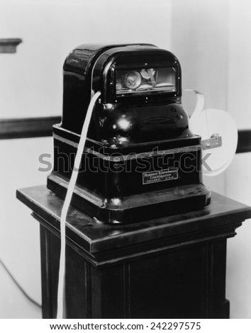 New and faster stock tickers were available in the 1920\'s, but not fully introduced until after the 1929 Crash. Photo shows a 1926 ticker made by Morkrum Kleinschmidt Corporation, Chicago, Ill.
