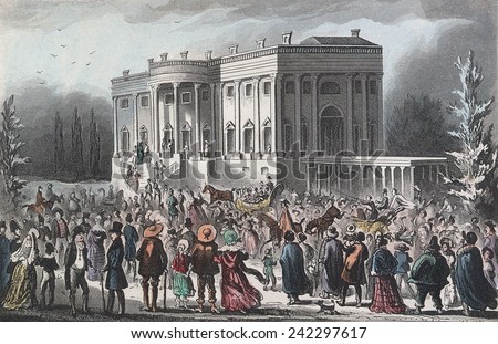 Citizens going to the public White House reception after Andrew Jackson\'s inauguration. The crowd trashed the house and had to be coaxed out. British print by Robert Cruikshank. March 4, 1829