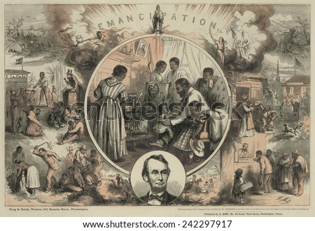 Commemoration of the emancipation of Southern slaves and the end of the Civil War, showing contrast between slavery and the life of freedmen. Print by Thomas Nast. 1865.