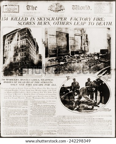 Triangle Shirtwaist Company fire reported on the front page of The New York World newspaper for March 16, 1911