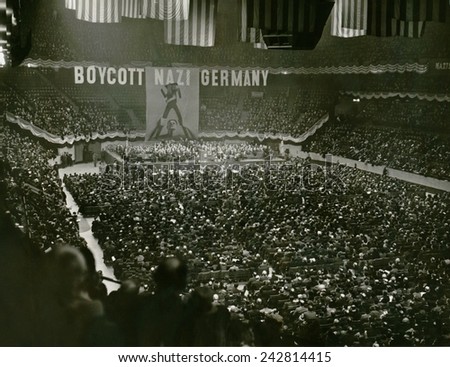 Massive anti-Nazis demonstration calls for a Boycott of Nazi Germany, in Madison Square Garden, New York City, March 15, 1937.