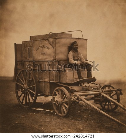 Roger Fenton (1819-1869), English photographer, worked from his portable \'Photographic Van\' during the Crimean War. Man on van is not Fenton, but his associate Marcus Sparling. 1855.