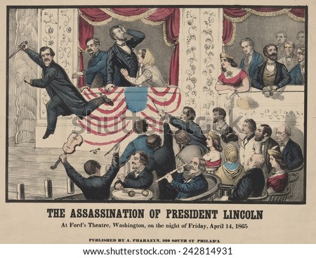 Lincoln assassin, John Wilkes Booth, with knife in hand, jumped from the Presidential box onto the stage of Ford\'s Theater. April 14th, 1865. Print inaccurately depicts Lincoln standing..