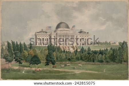 United States Capitol Building in 1828, showing the west front with cows grazing in the foreground. Watercolor painting John Rubens Smith.