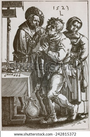 The Surgeon Dentist, pulls a man\'s tooth while a women picks the patient\'s pocket. 1523 engraving after a painting by Lucas van Leyden (1494-1533).