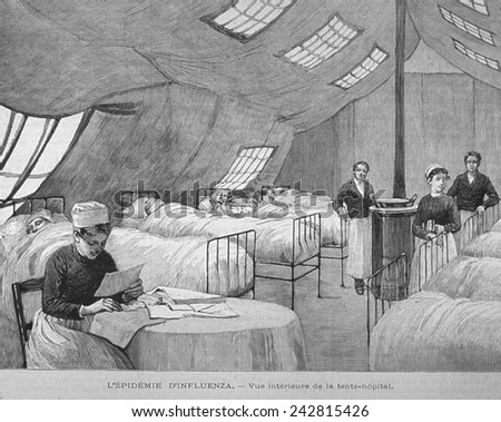 Asian Flu epidemic of 1889-90. In Paris, a supplemental tent hospital. A nurse attends to patients during winter of 1889-90. Wood engraving from L\'ILLUSTRATION, Jan 4, Janvier, 1890.
