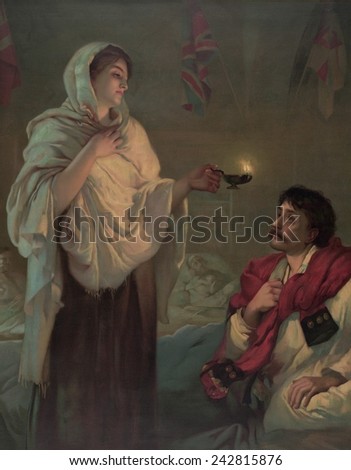 Florence Nightingale (1820-1910), in a romanticized portrait as the LADY WITH THE LAMP, at the Crimean War hospital for British soldiers at Scutari, Turkey, in 1854. British chromolithograph of 1891.