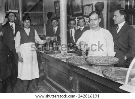 Rich pastries on display in a Lebanese-Syrian restaurant in New York City. Many immigrants opened small businesses, including restaurants in their ethnic communities. Ca. 1910.
