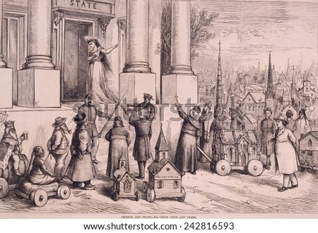 Political cartoon, entitled, CHURCH AND STATE-NO UNION UPON ANY TERMS, by Thomas Nast, shows a symbolic women rejecting, and soldiers blocking, multiple religions to the door of building 'State.'