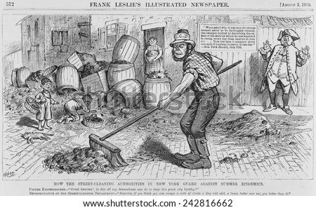 Political cartoon protesting the ineffective methods of the New York City Street cleaning. Caricature of an Irish street cleaner, who was expected to sweep clean a mile of street in one working day.