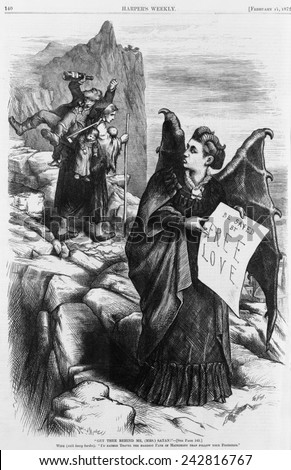 Political cartoon by Thomas Nast depicting Victoria Woodhull as the devil who holds banner, \'Be saved by free love,\' addressed to the women burdened by a drunk husband and children.