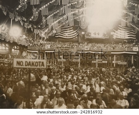 Republican Convention in Chicago, June 1920. In the background, a National Women\'s Party banner reads, \'Why does the Republican Party Block suffrage?\' Tennessee legislature became the 36th state.