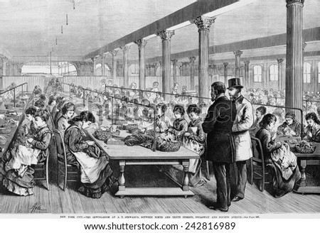 Seamstresses at long tables in the sewing-room at A.T. Stewart\'s Dry Goods Store at Broadway and 10th street, Owned by Irish-American multi-millionaire merchant, Alexander Turney Stewart (1803-1876).