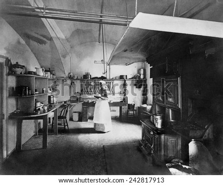 The White House kitchen during the presidency of Benjamin Harrison. Ca. 1892.