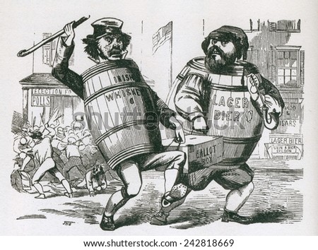 Anti-Immigrant cartoon showing two men with barrels as bodies, labeled 'Irish Wiskey' and 'Lager Bier', carrying a ballot box. In the background is a rioting crowd at a polling place. Ca. 1850.