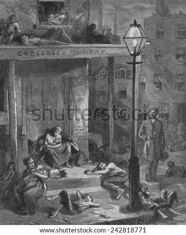New York City tenement dwellers sleeping outside, on the streets and rooftops to escape their unventilated apartments. Wood engraving from August 1879.