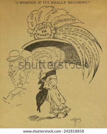 1891 American political cartoon captioned, \'I wonder if it\'s really becoming?\' The image shows a stylish woman with \'Votes for women\' hat with suffrage message on feathers.