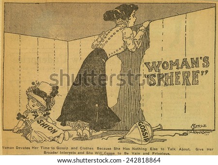 Political cartoon shows woman peering over a fence labeled \'Woman\'s Sphere\' while her toys \'Fashion\' and \'gossip\' lay abandoned. By Merle De Vore Johnson, 1909.