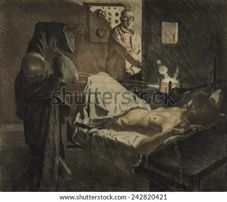 THE PHYSICIAN OF THE X-RAYS, depicts a physician using x-rays to repel Death, a skeleton wearing a shroud. Ca. 1930 print by Austrian artist, Ivo Saliger (1894-1987).