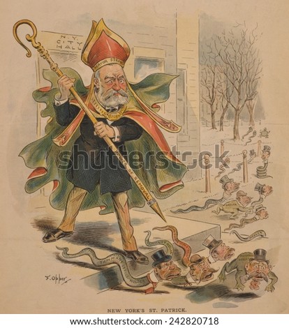 1895 political cartoon of New York City\'s Mayor Strong, dressed as St. Patrick, driving snakes and frogs, representing Tammany Hall\'s immigrant political base.