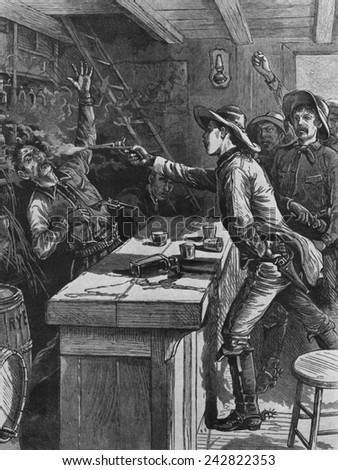 Billy the Kid (1859-81), shooting a bartender in 1880. Illustration from the POLICE GAZETTE. Wood engraving.