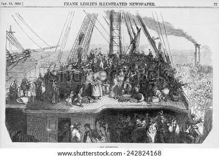 Immigrants waving farewell to crowd on dock, as their ship leaves a Western European port for North America. Wood engravings 1850-1860.